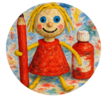 Jill An AI generated image of a clay-type doll holding a pencil with a paint bottle in the background