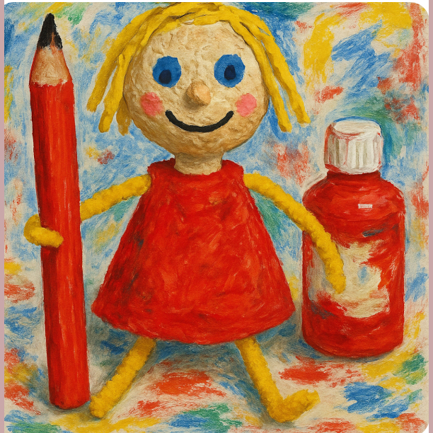 An AI generated image of a clay-type doll holding a pencil with a paint bottle in the background